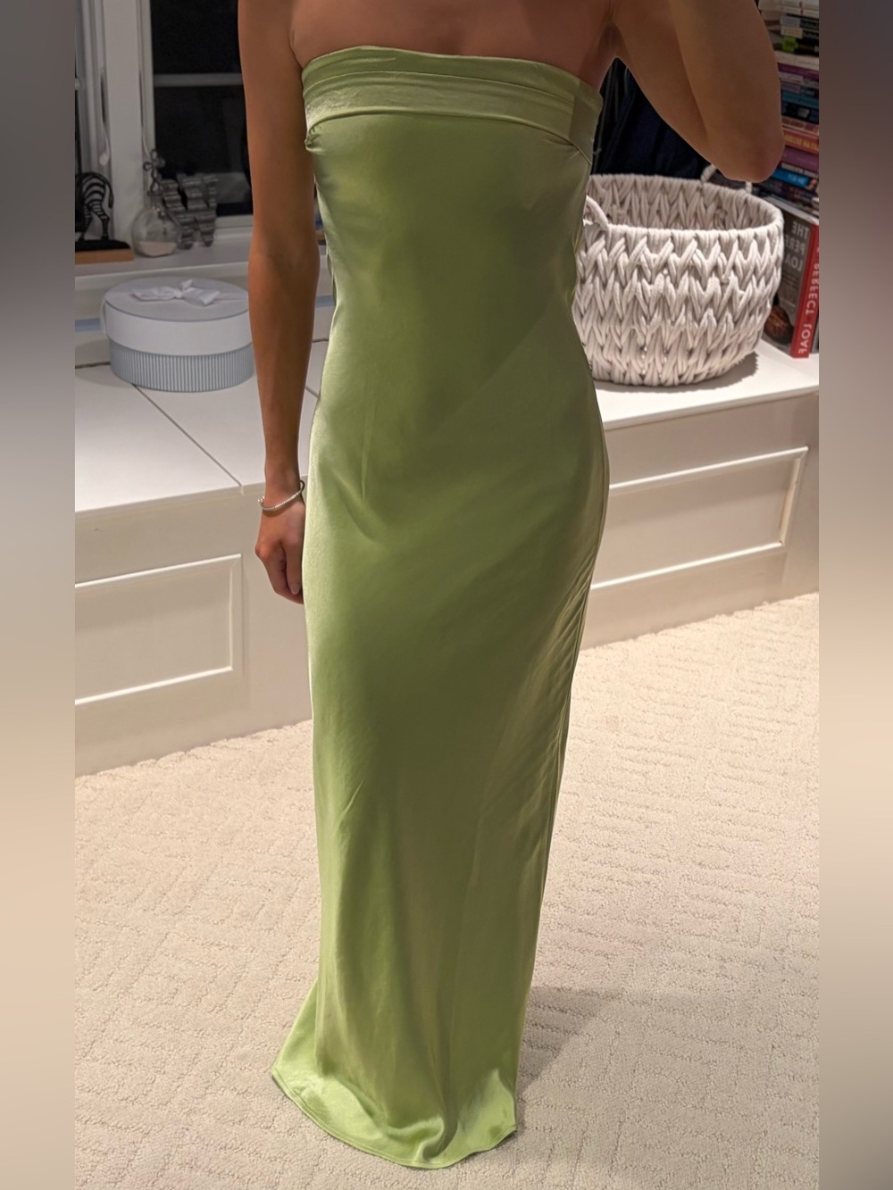 Sage Green Satin Strapless Open Back Maxi Dress XS